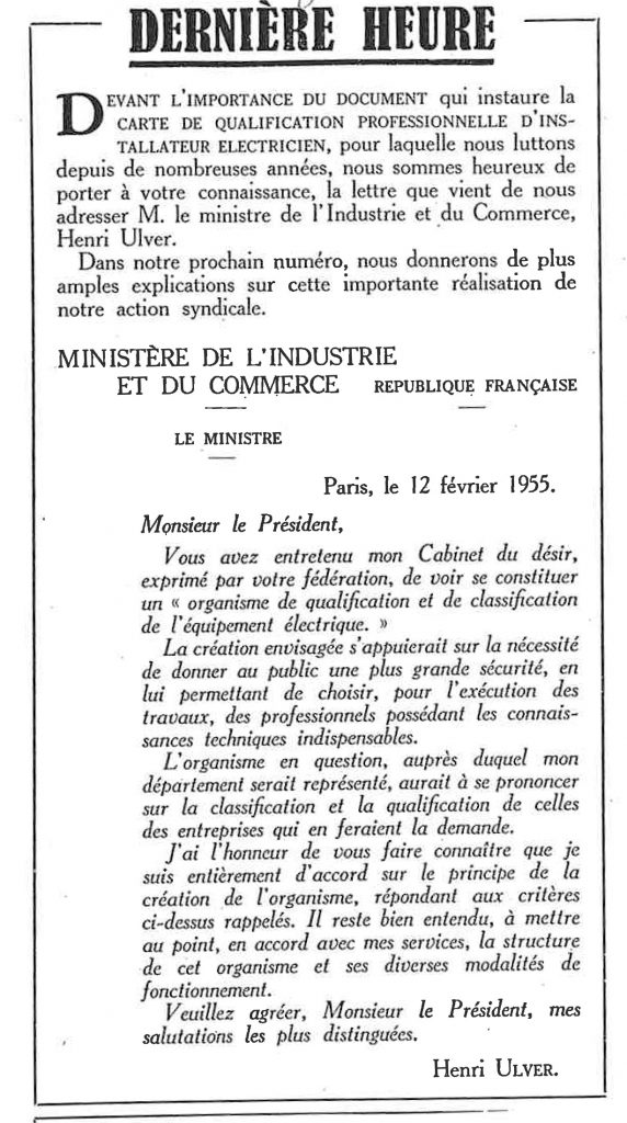 Publication par la FNAE de la lettre du Ministre Henri Uver du 12 février1955